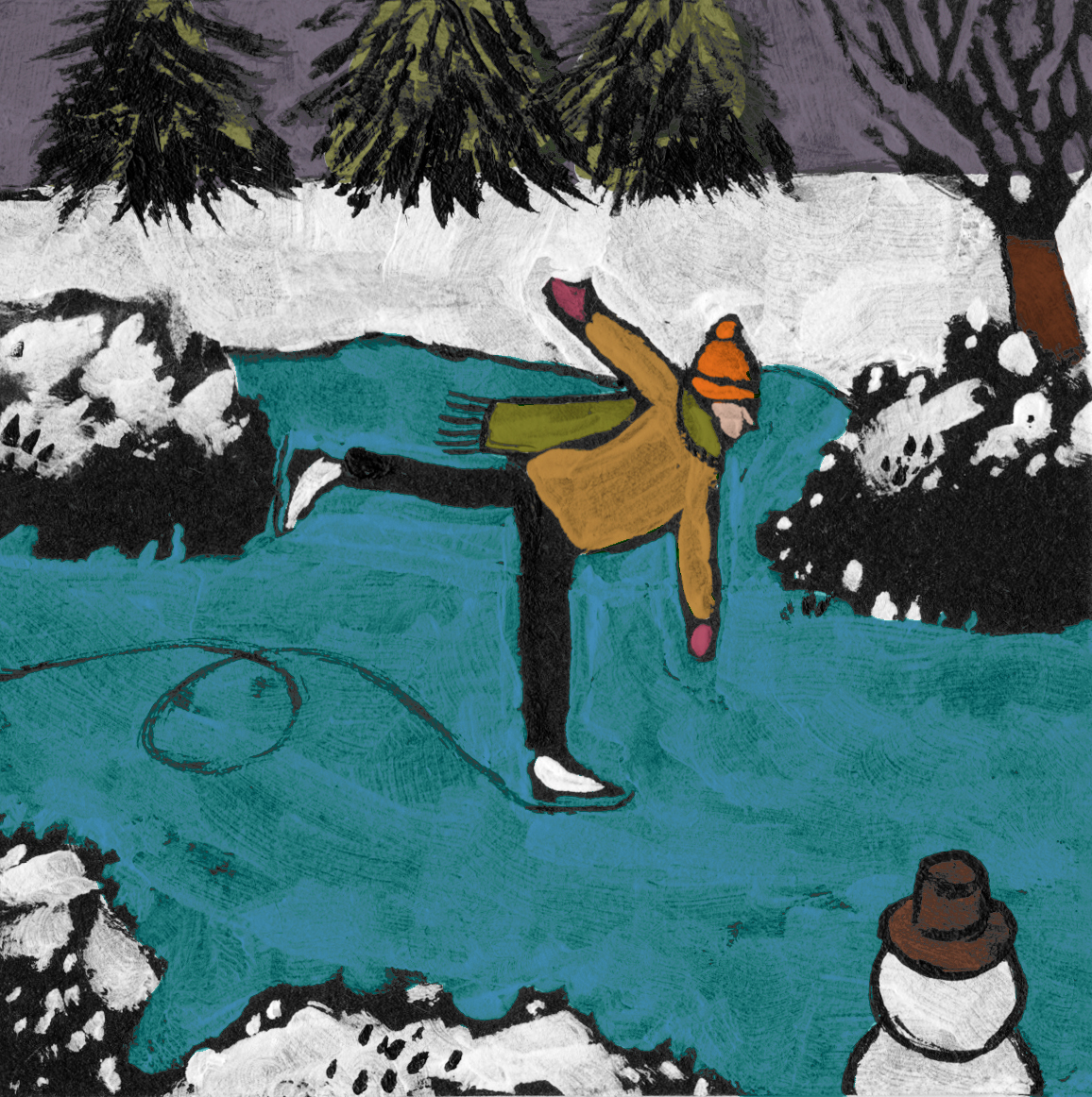 Hand-painted illustration of a boy ice skating 