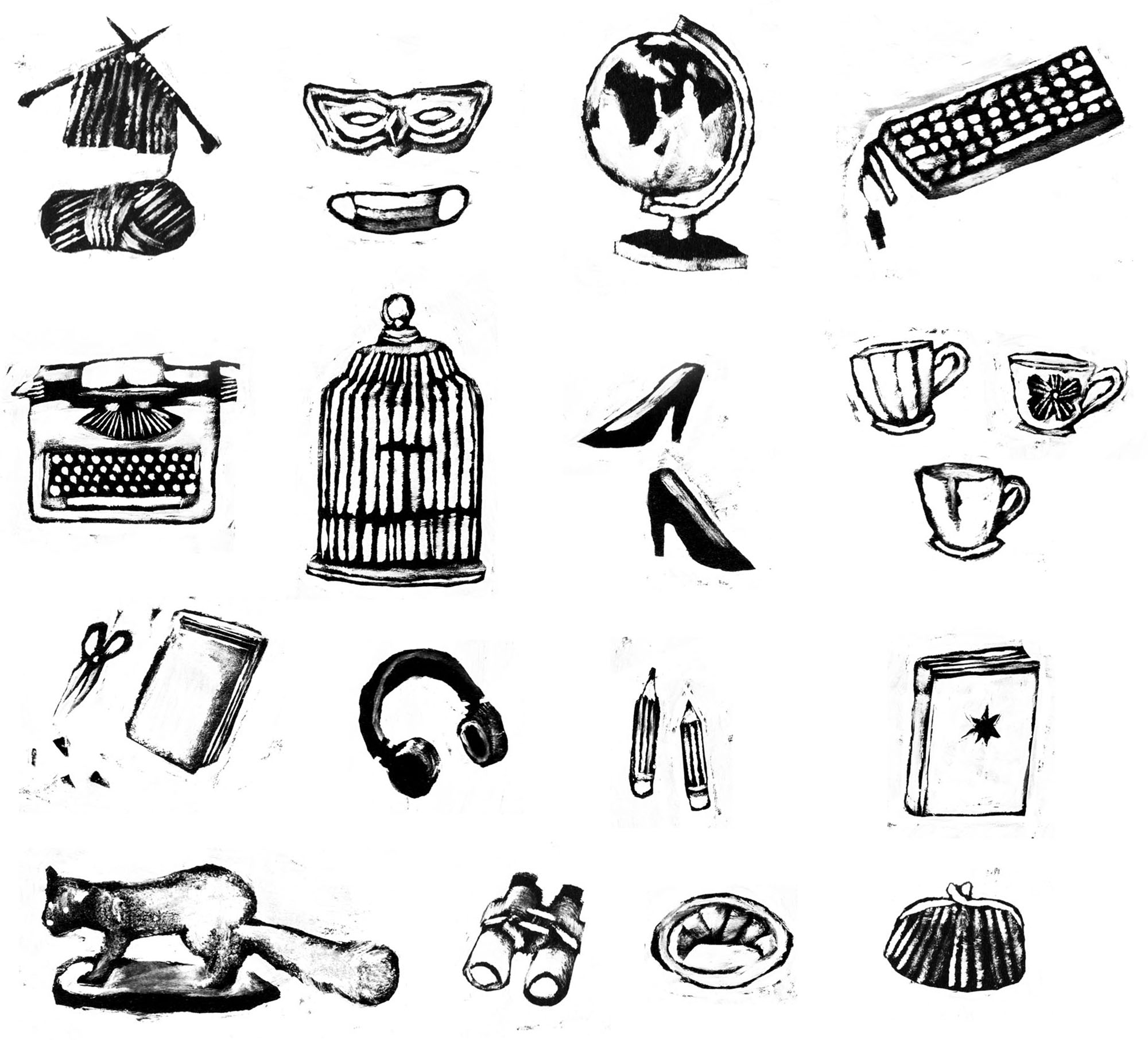 Monochrome spot illustrations of various objects