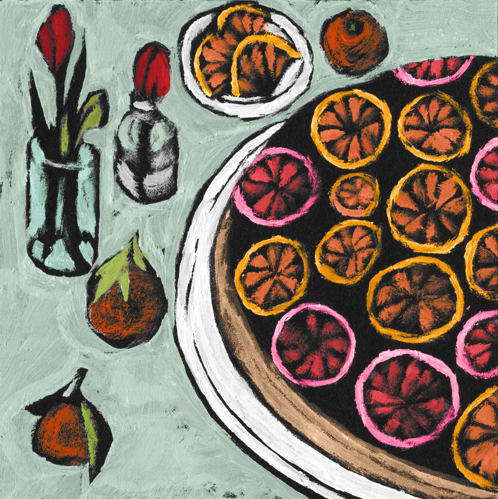 Hand drawn cookbook illustration of a cake and flowers on a table
